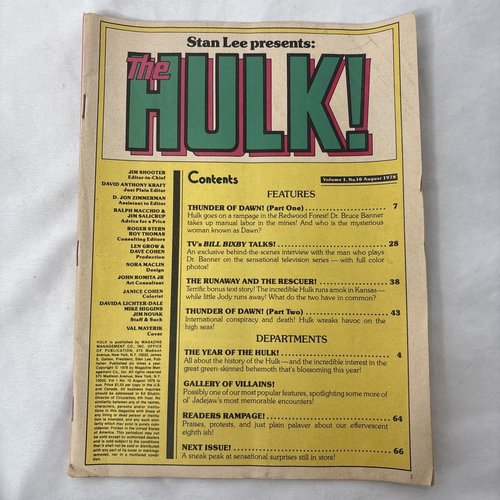 Stan Lee Presents: The HULK Vol 1 No 10 August 1978 Comic Magazine NO Cover‎